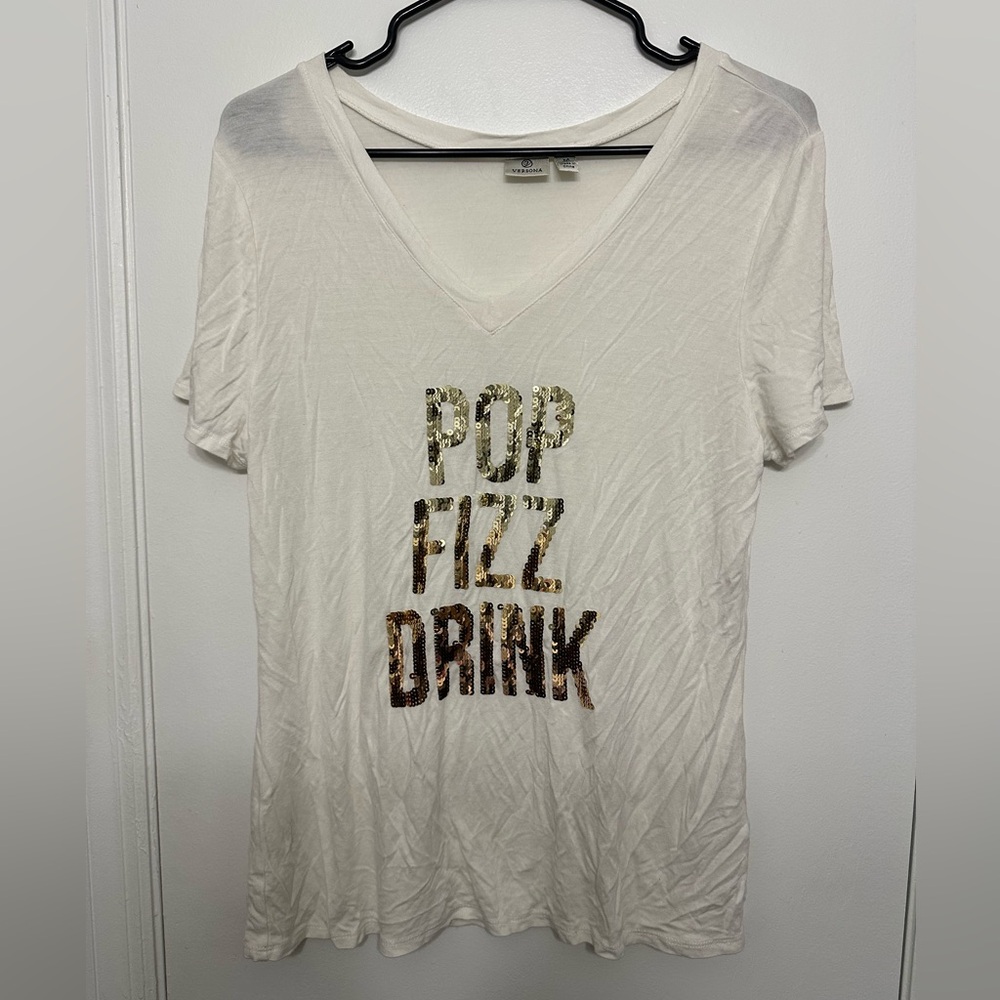 NWOT Versona Cream V-Neck Tee with Gold Sequins